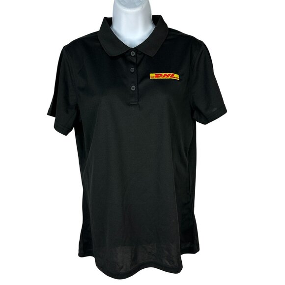 DHL Womens Black Polo Shirt By Clique L 100% Polyester Embroidered Logo
